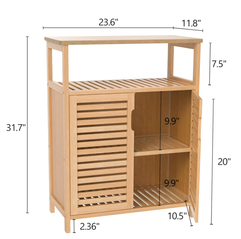 Bamboo Storage Cabinet Freestanding Bathroom Cabinet with 2 Louvered Doors Solid Wood Cabinet