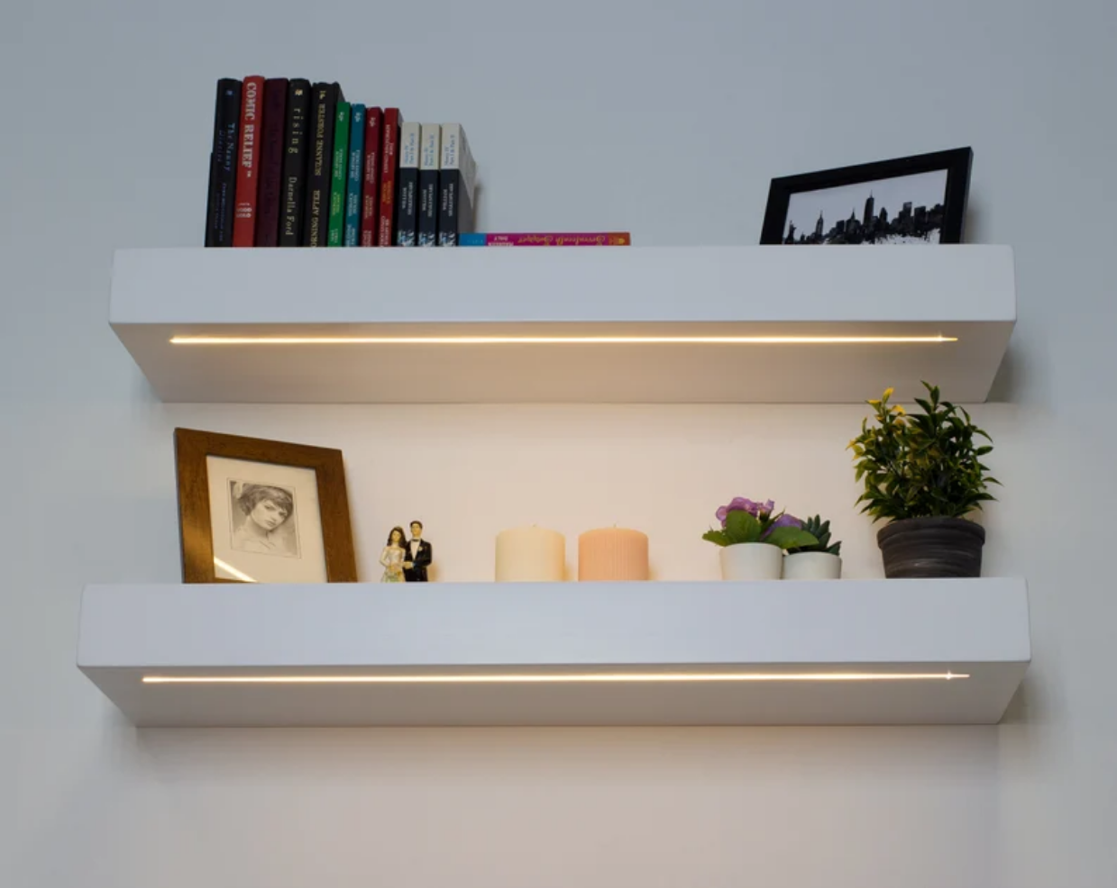 Modern White Floating Shelf Thick Wall Shelf with Led Light Strip Floating Wood Shelf With Led Light