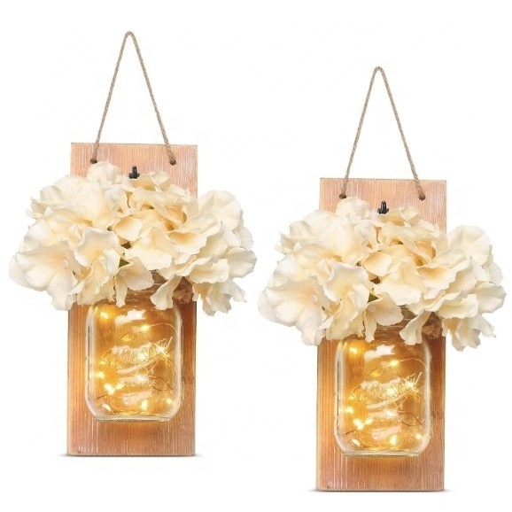 Decorative Mason Jar Wall Decor - Rustic Wall Sconces with 6-Hour Timer LED Fairy Lights and Flowers - Farmhouse Home Decor