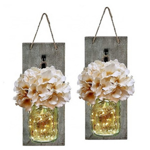 Decorative Mason Jar Wall Decor - Rustic Wall Sconces with 6-Hour Timer LED Fairy Lights and Flowers - Farmhouse Home Decor