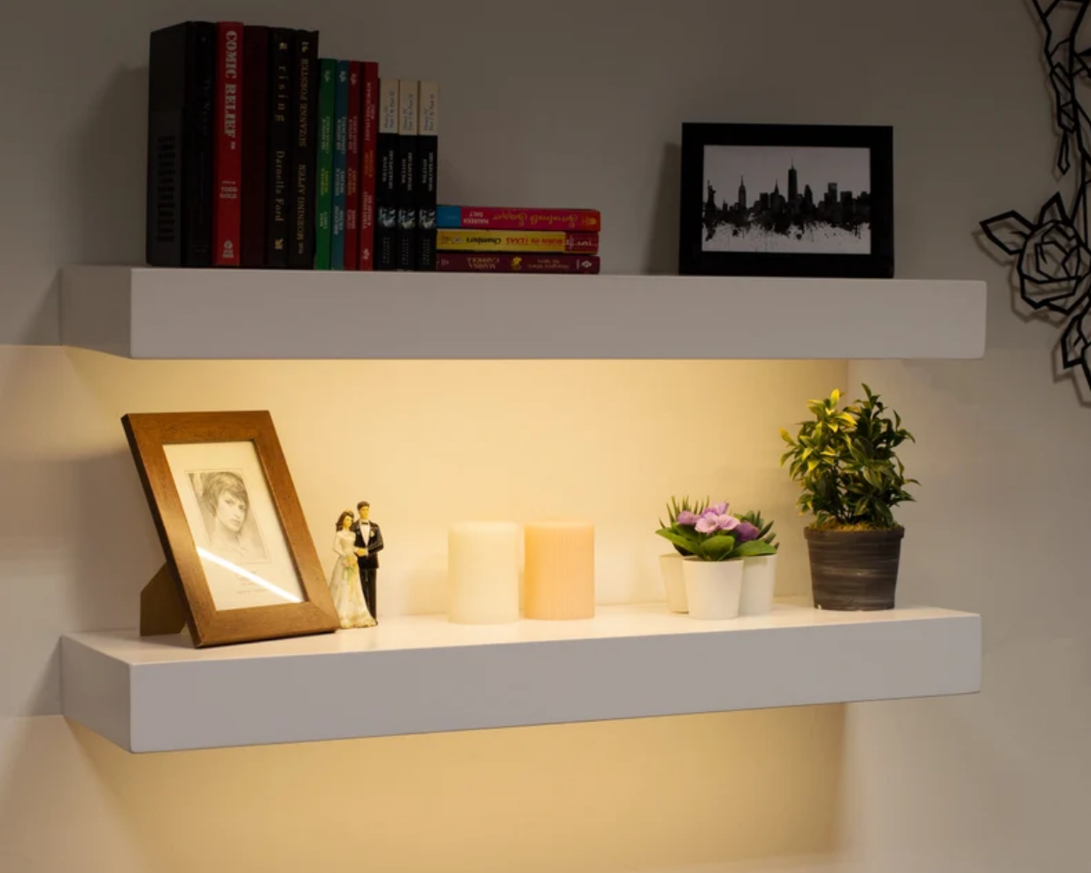 Modern White Floating Shelf Thick Wall Shelf with Led Light Strip Floating Wood Shelf With Led Light