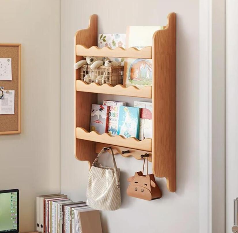 Wholesale Wall Mounted Floating Wooden Magazine Rack Display Shelf with Hooks