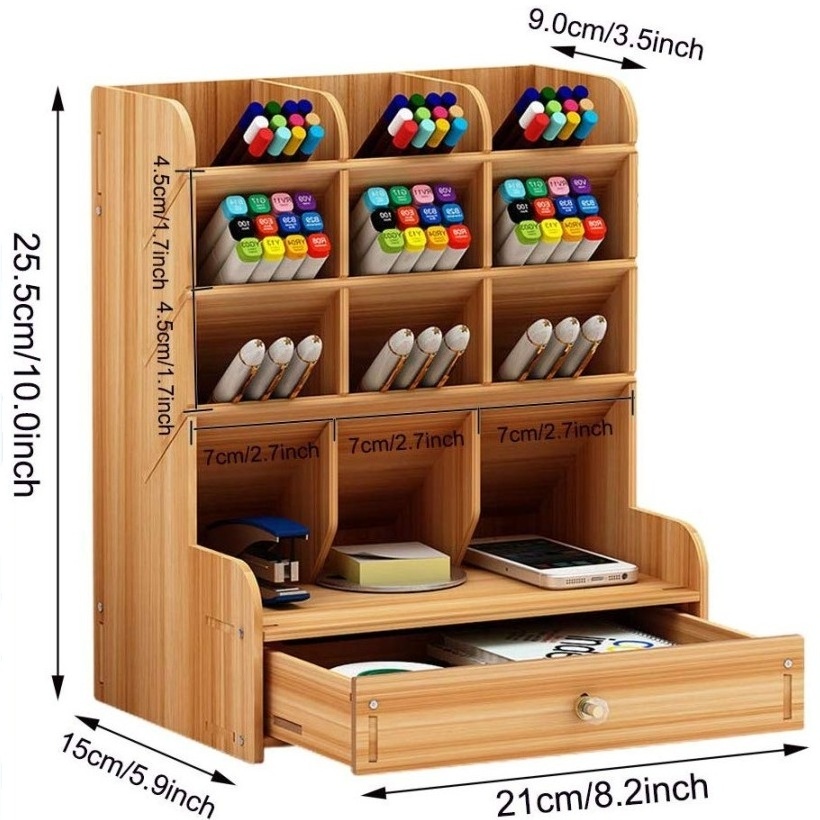 Wooden Desk Organizer Multi-Functional DIY Pen Holder Box Storage Rack with Drawer Desktop Stationary Cherry Color