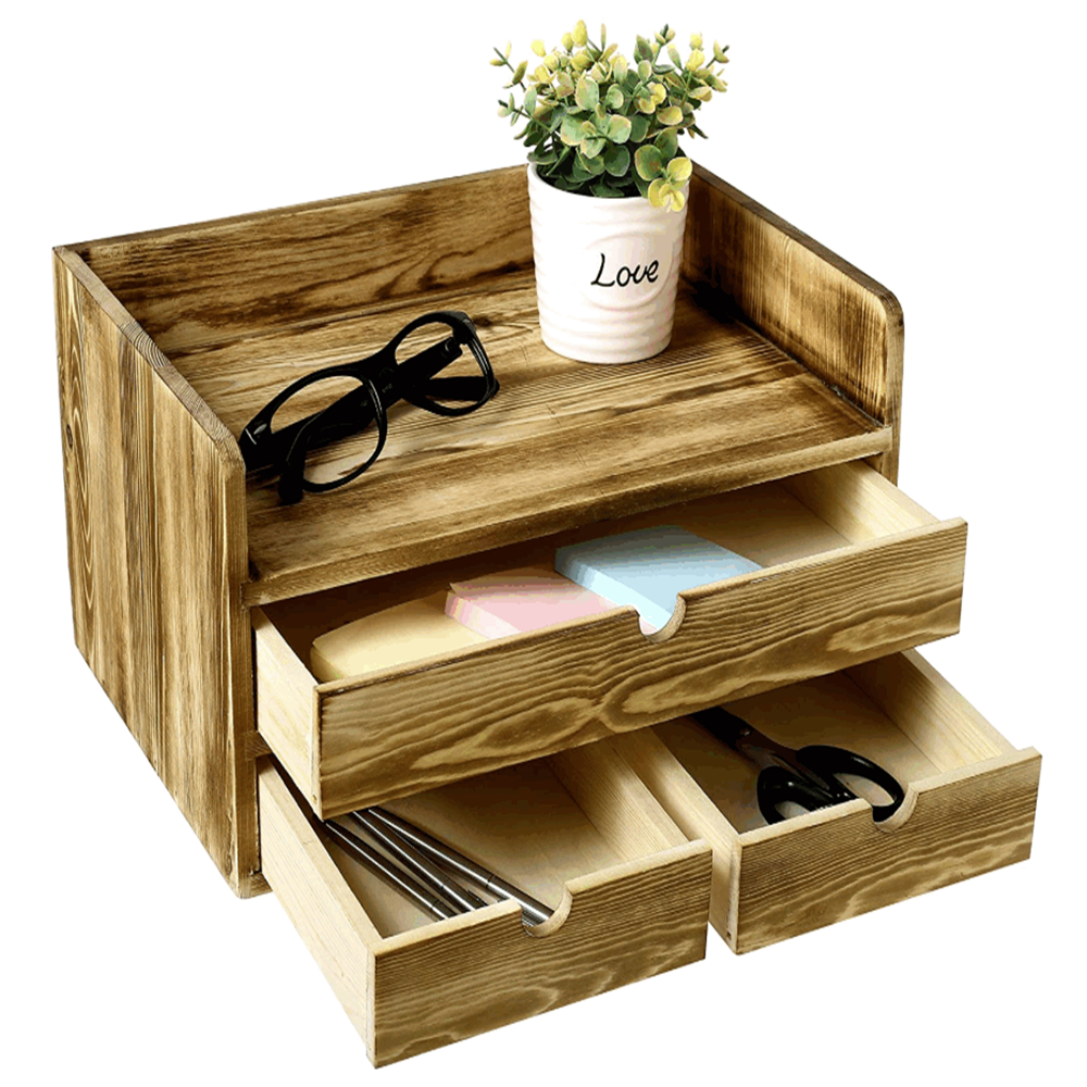 Torched Wood Desk Organizer Desktop Office Storage Organizer Document File Holder Tray with 3 Drawers