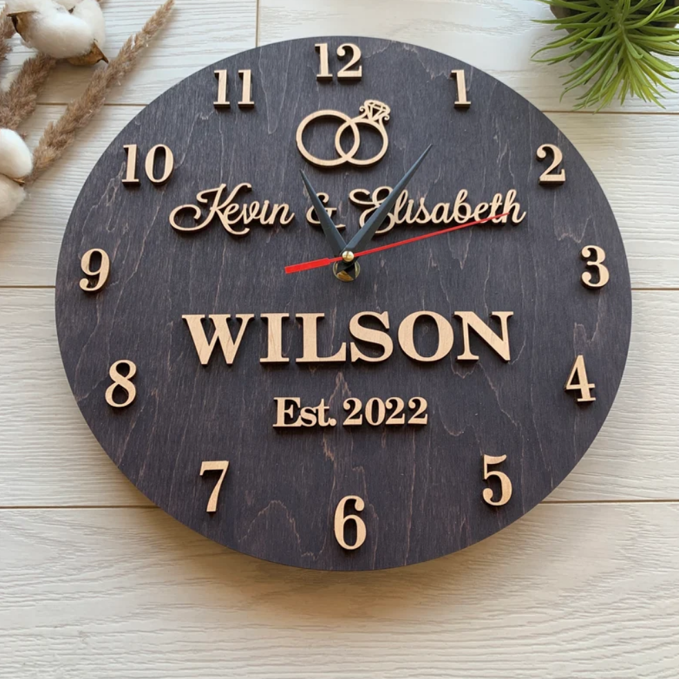 Wood Gift Housewarming Newlywed Unique Gift Idea Family Name Sign Wood Wedding Gift Clocks Wall Wooden