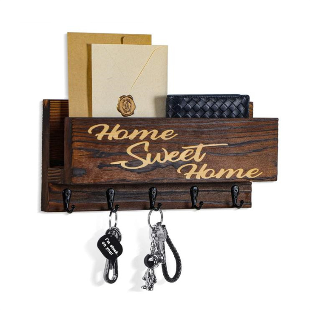 Hanging Decor Wooden Key hook Mail Holder Rustic Wall Mounted Wood Entryway Organizer with 5 Key Hooks