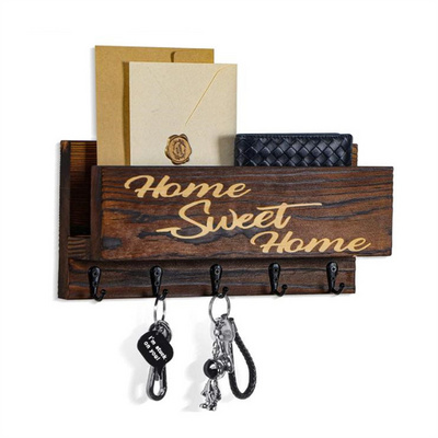 Hanging Decor Wooden Key hook Mail Holder Rustic Wall Mounted Wood Entryway Organizer with 5 Key Hooks