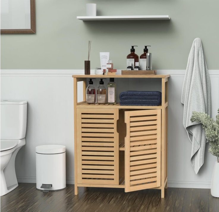 Bamboo Storage Cabinet Freestanding Bathroom Cabinet with 2 Louvered Doors Solid Wood Cabinet