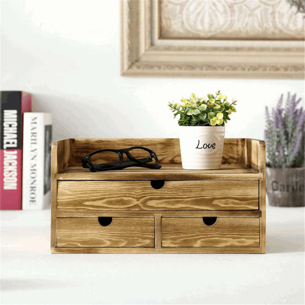 Torched Wood Desk Organizer Desktop Office Storage Organizer Document File Holder Tray with 3 Drawers