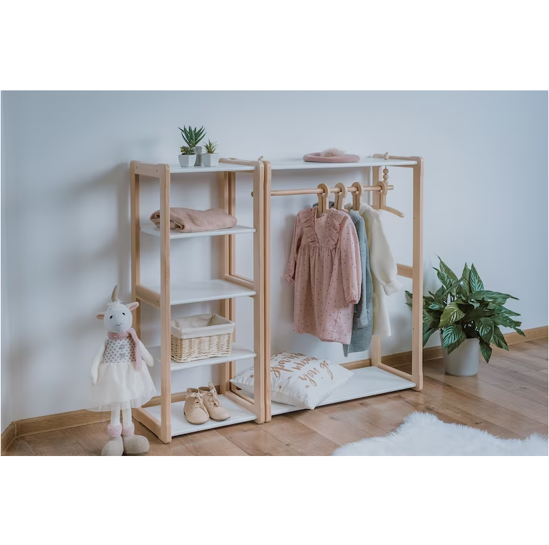 High quality children's wardrobe Montessori furniture wood shelf wooden cloth hanging rack for kids