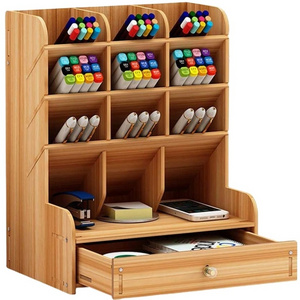 Wooden Desk Organizer Multi-Functional DIY Pen Holder Box Storage Rack with Drawer Desktop Stationary Cherry Color