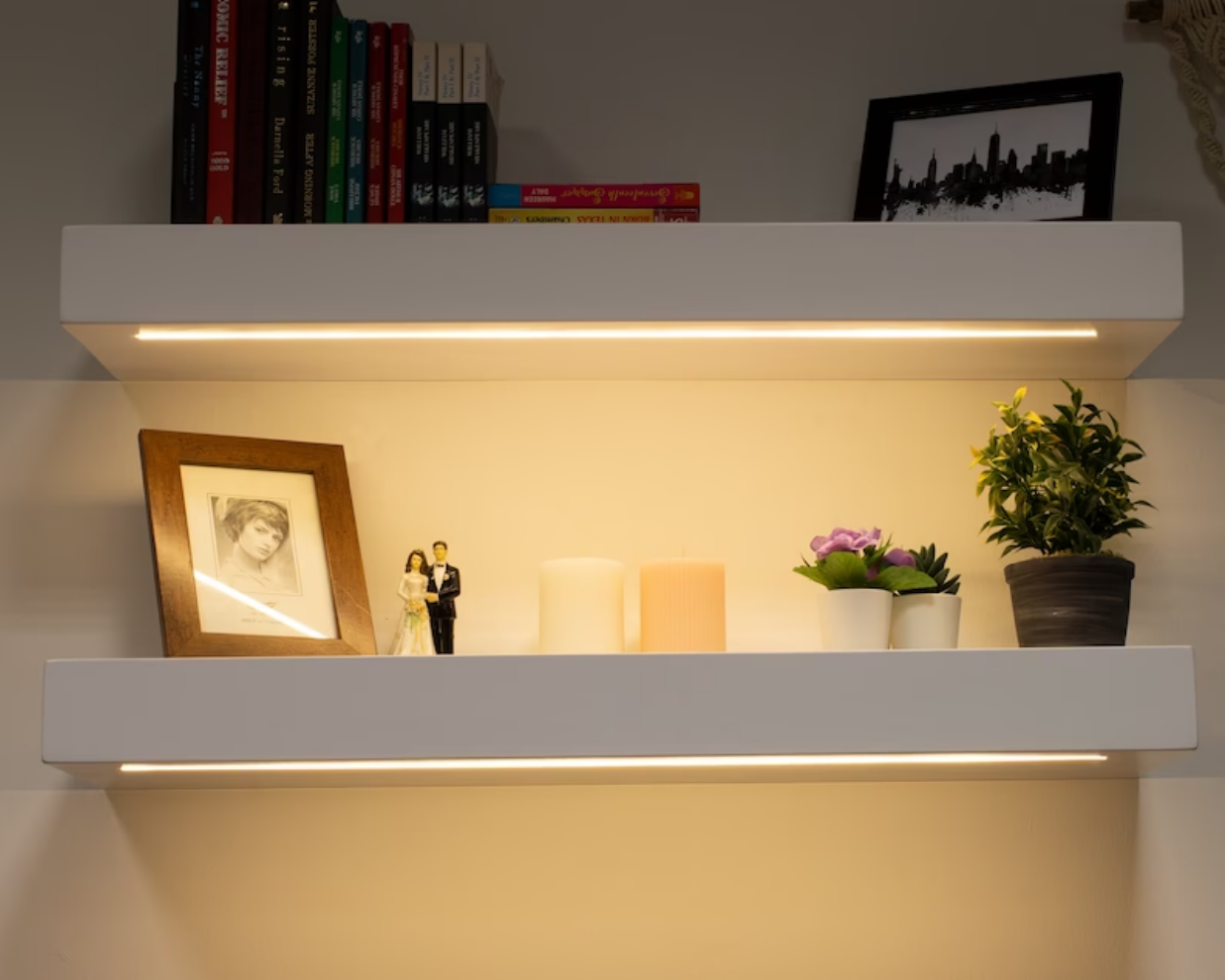 Modern White Floating Shelf Thick Wall Shelf with Led Light Strip Floating Wood Shelf With Led Light