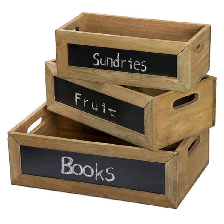 Decorative Natural Wood Nesting Storage Crates Display Box with Chalkboard