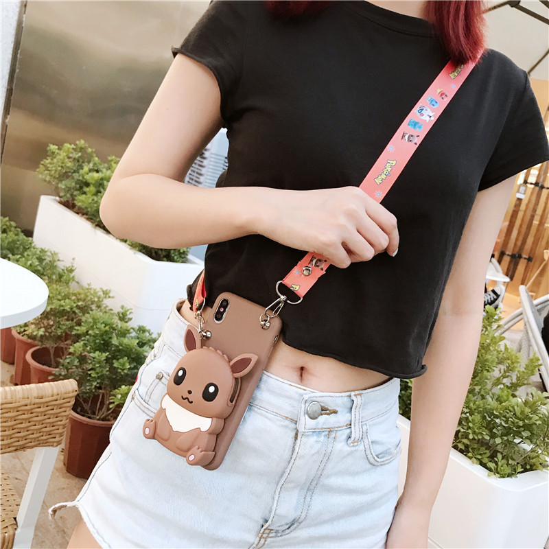 Popular cute 3D cartoon dolls Lanyard phone case with wallet and earphone case bag for iphone 15 14 13 12 plus/pro max