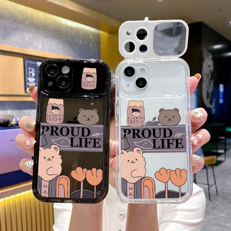 Flip Mirror Women's New Little Bear Silicone Tape Holder Phone Case  for  iphone 15 14 13 12 11 plus/pro/pro max