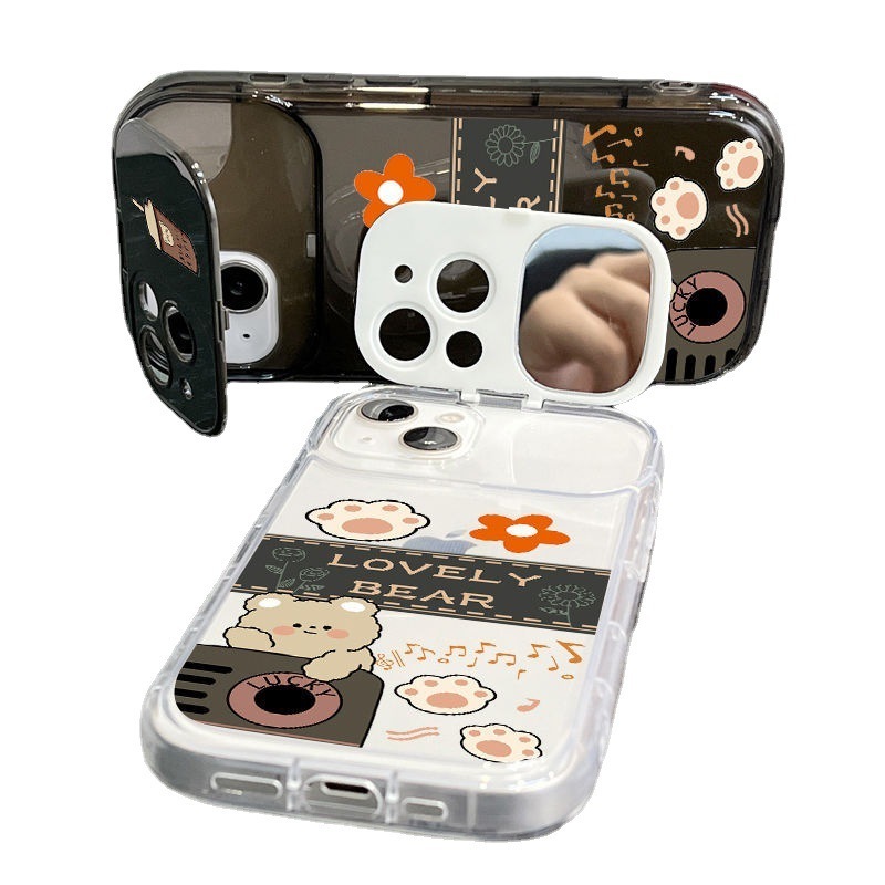 Flip Mirror Women's New Little Bear Silicone Tape Holder Phone Case  for  iphone 15 14 13 12 11 plus/pro/pro max