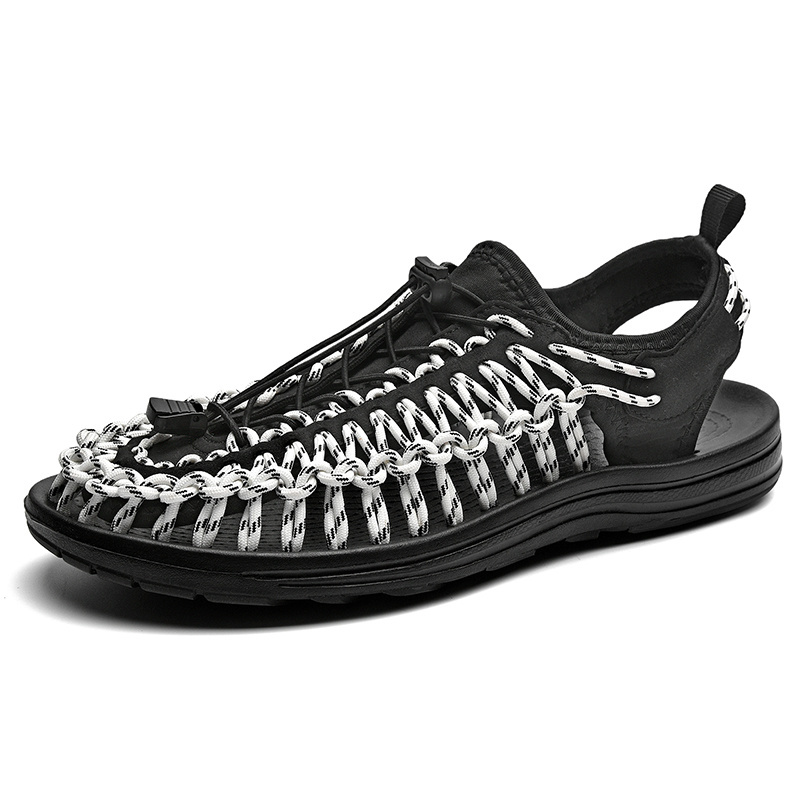 Latest models high quality designer rope knitting men leather sandals and slippers summer casual shoes brand customs