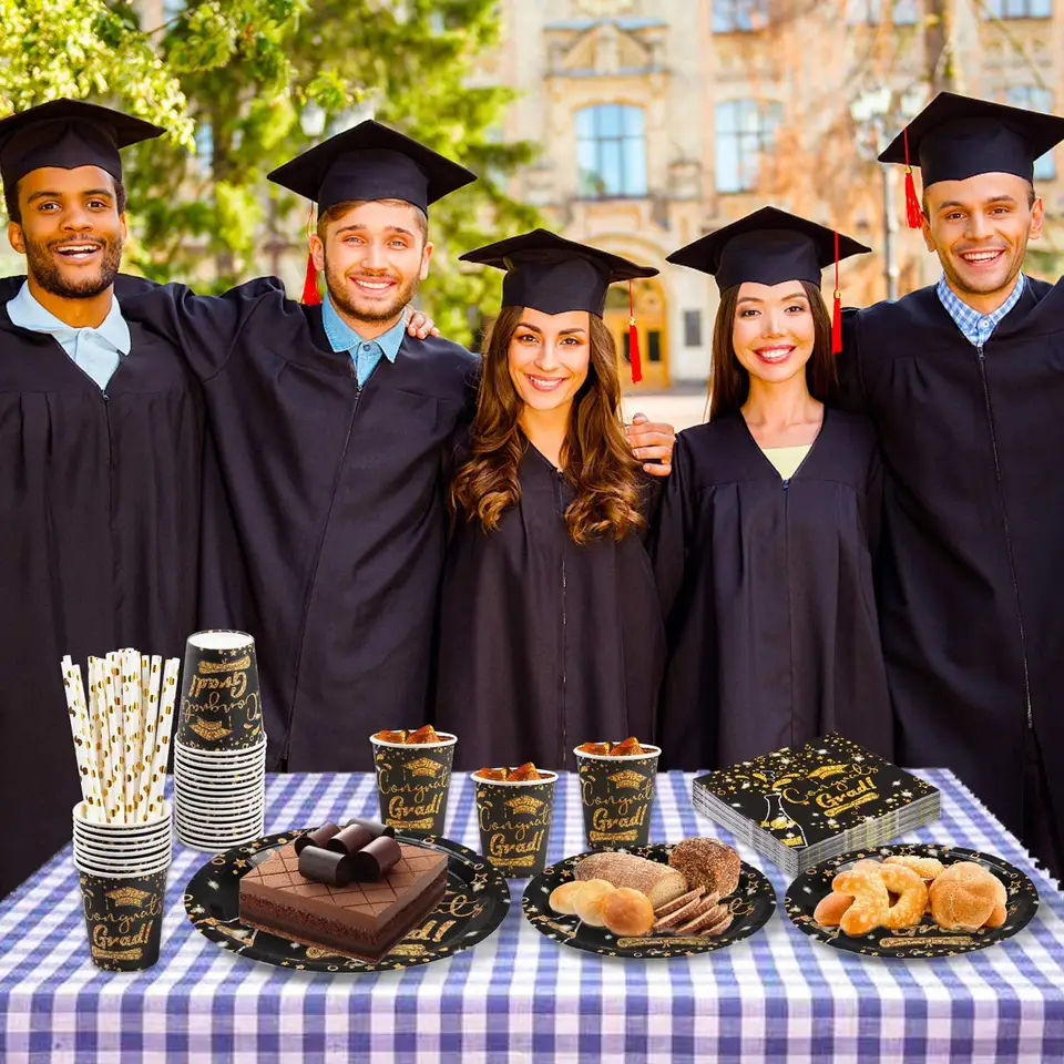 Graduation season Black Gold Plate Graduation Party Gecorations Graduation Party Supplies disposable paper plates and cups for 2