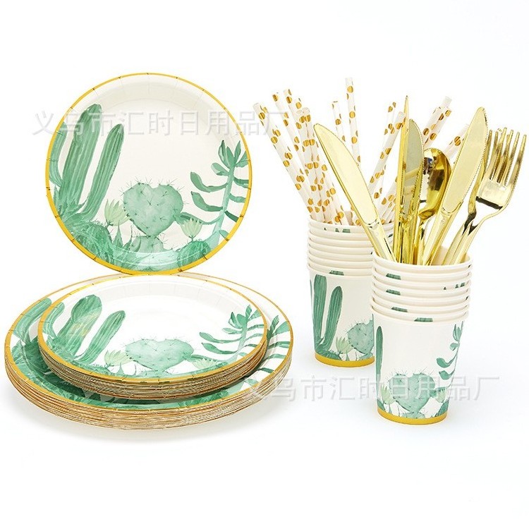 Eco friendly Biodegradable cactus Plates Disposable Paper Plate cup straw knife spoon fork birthday party tableware