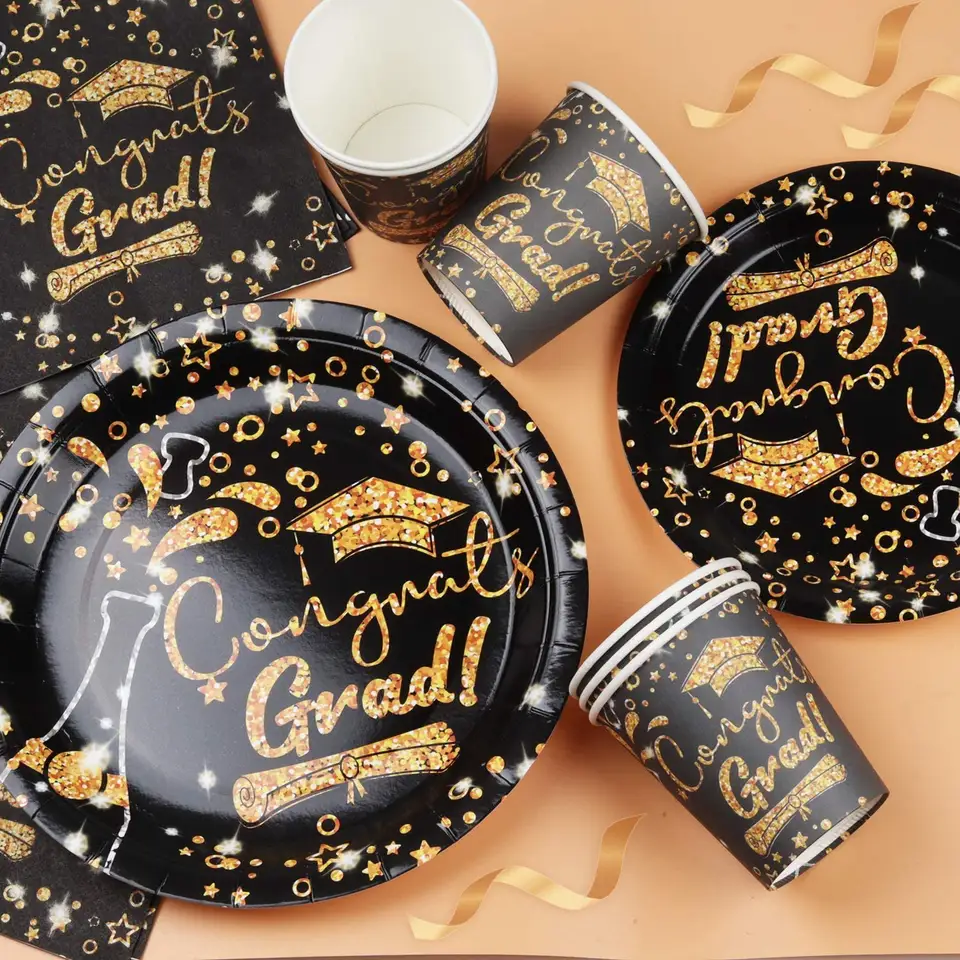 Graduation season Black Gold Plate Graduation Party Gecorations Graduation Party Supplies disposable paper plates and cups for 2