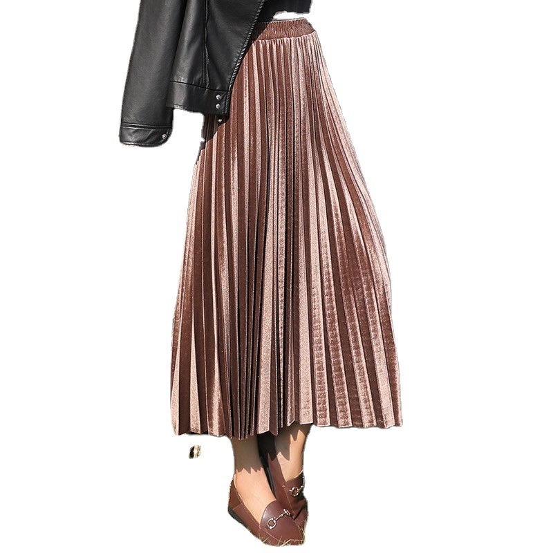 Gold Velvet Half Skirt Mid Length Women Spring Large Size Pleated Skirt High Waist Skinny Big Swing Long Skirt