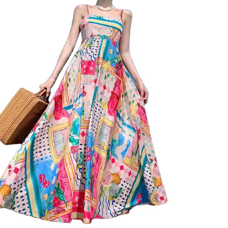 Summer sleeveless collarless high-waisted printed painted women's clothing swinging suspender dress