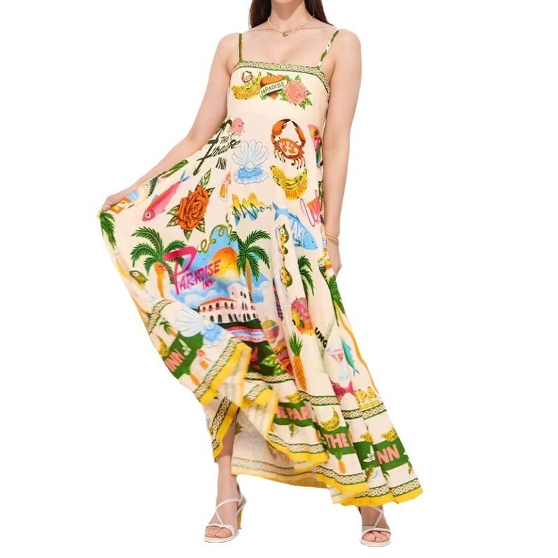 Summer sleeveless collarless high-waisted printed painted women's clothing swinging suspender dress