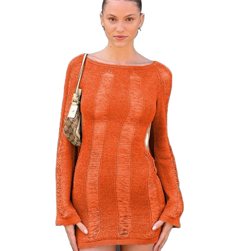 Long sleeve hollow open back dress sexy tight hollow bag buttocks wool woven spring summer European and American dress