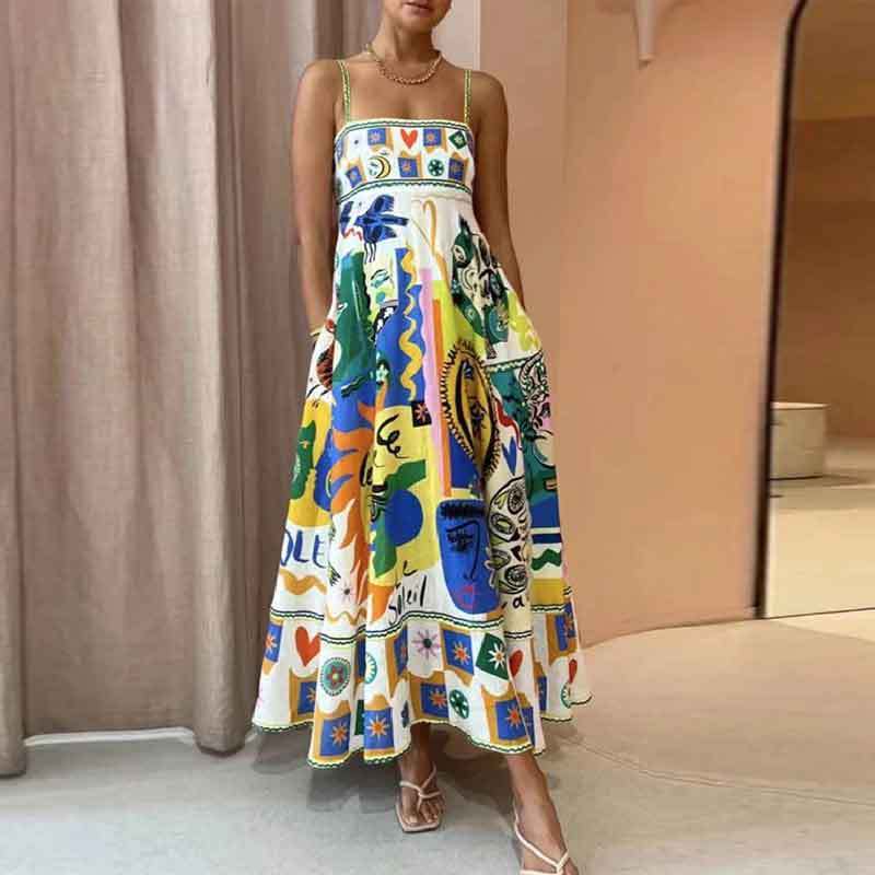 Summer sleeveless collarless high-waisted printed painted women's clothing swinging suspender dress