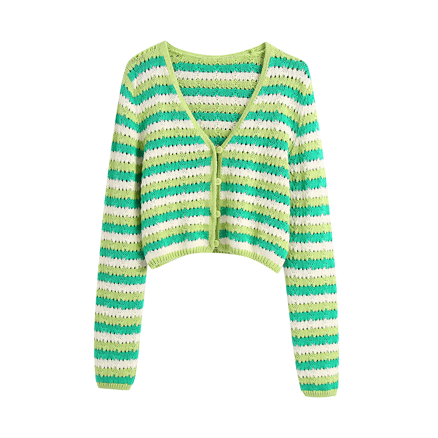 V Neck Green Striped Color Long Sleeve Cropped Eyelet Cardigan Women Cute Fall Knitted Sweater Coat