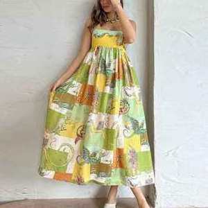 Summer sleeveless collarless high-waisted printed painted women's clothing swinging suspender dress