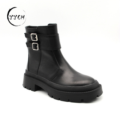 High quality black leather women martin boots natural rubber sole shoes men working zip up rain boots