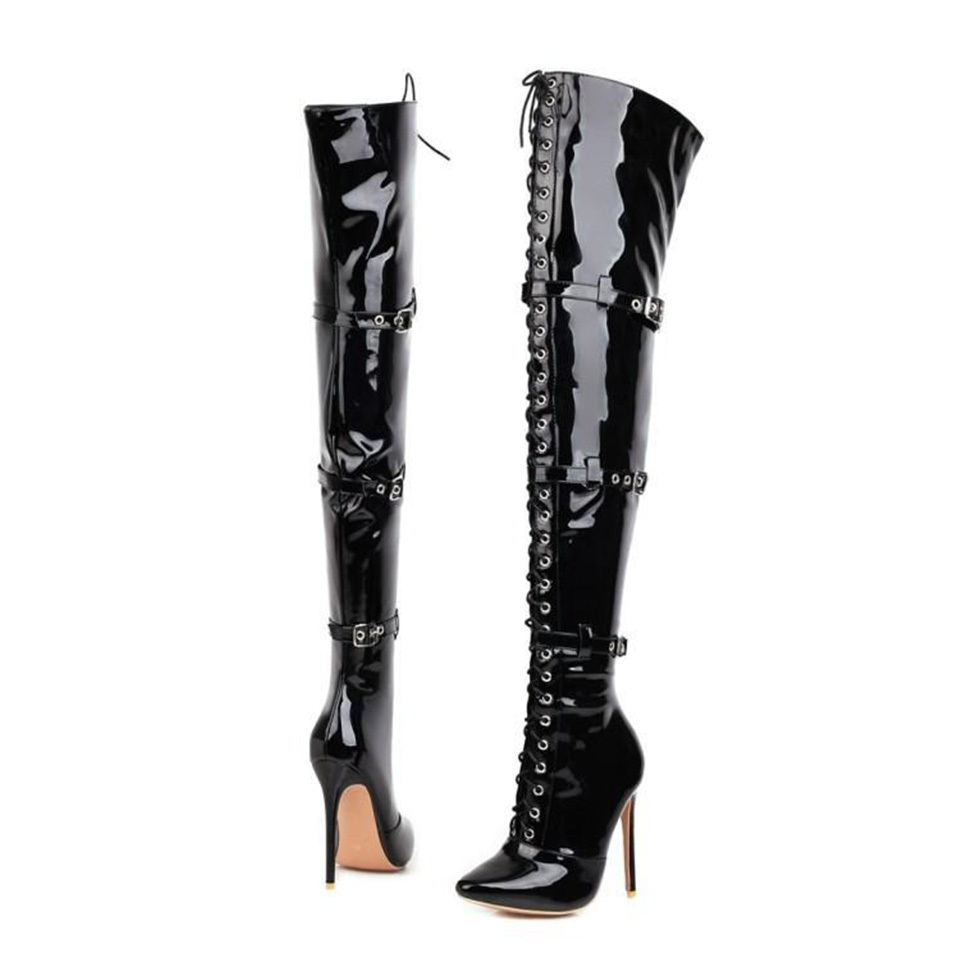 pole dance gladiator boots thigh high sexy fetish knit wear super high heel strap cosplay gothic shiny stretch boots