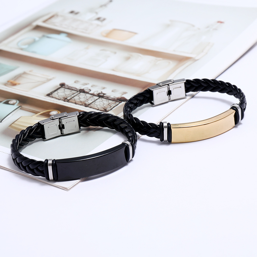 Wholesale Gold Unisex Men'S Bracelets Stainless Steel And Black Leather Rope Wrap Slide Wristlet Bangle Bracelets Punk In Bulk