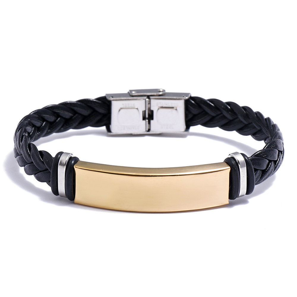 Wholesale Gold Unisex Men'S Bracelets Stainless Steel And Black Leather Rope Wrap Slide Wristlet Bangle Bracelets Punk In Bulk