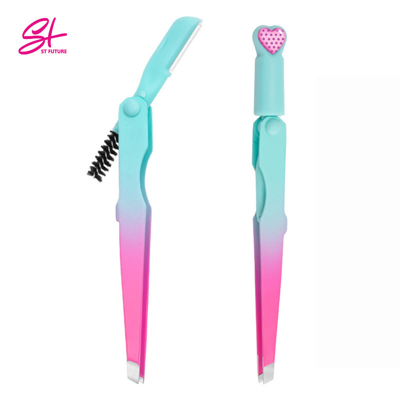 ST FUTURE 3 in 1 Makeup Tools Portable Stainless Steel Eyelash Tweezers Trimmer Eyebrow Brush Eyelash Curler Eyebrow Razor