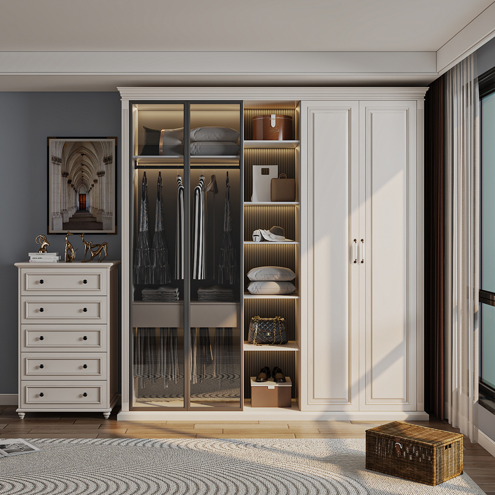 High End Wooden Wardrobe American Solid Wood Closet Storage Wardrobe Modern Closet With 4 Glass Door