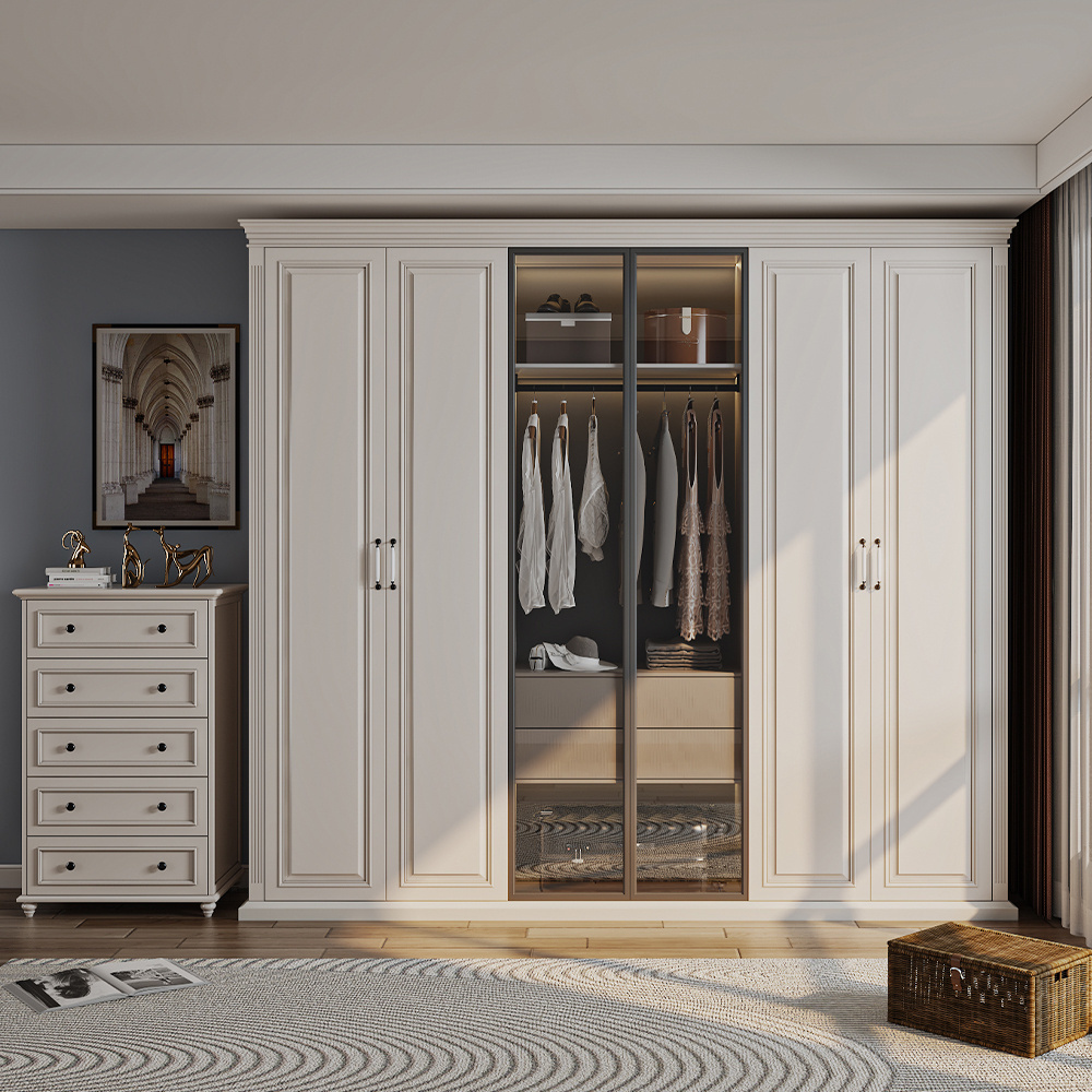 Modern 6 Door Bedroom Furniture Set Solid Wood Closet Storage Wardrobe Armoire With Glass Door For Bedroom Furniture