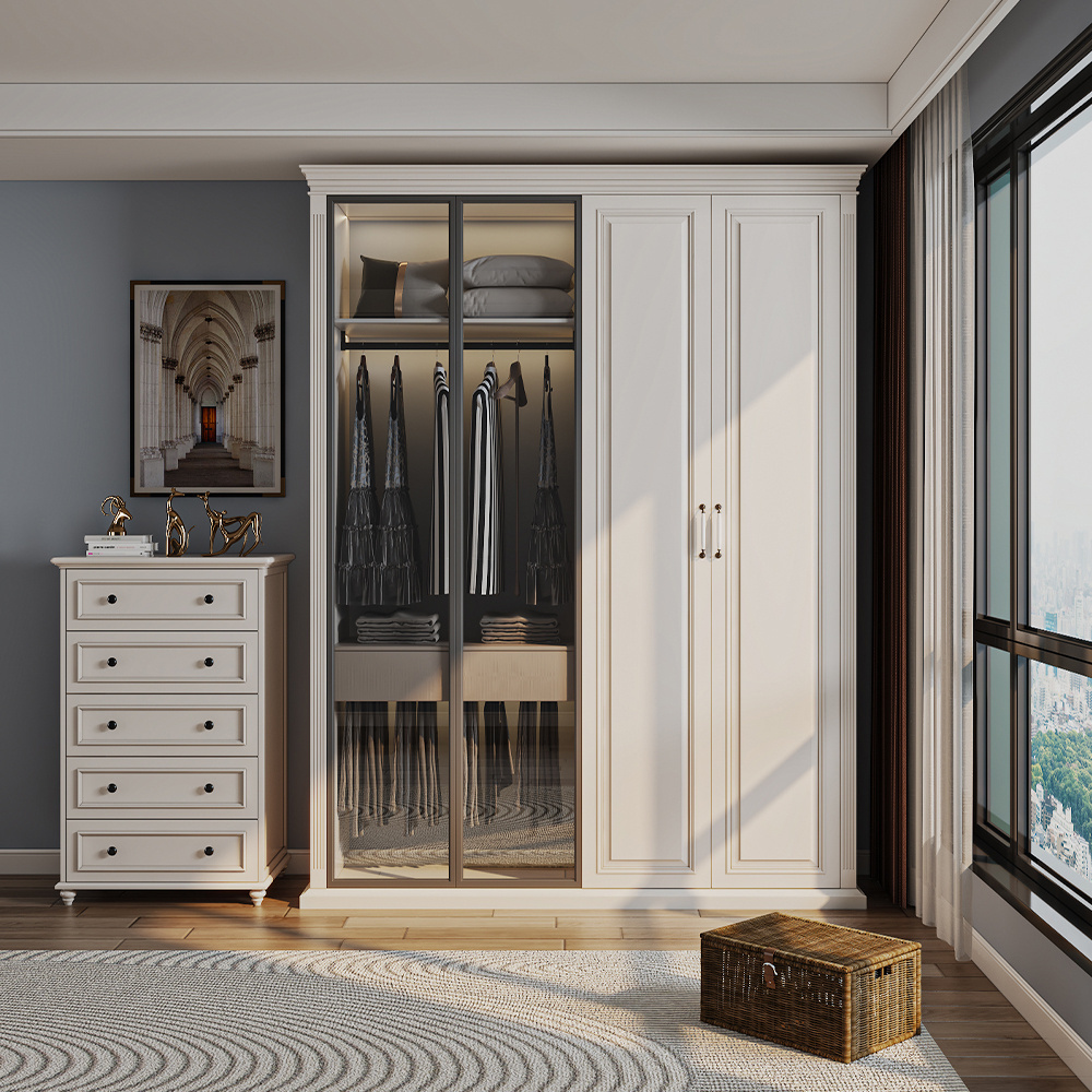 High End Wooden Wardrobe American Solid Wood Closet Storage Wardrobe Modern Closet With 4 Glass Door