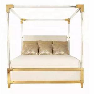 Luxury High Quality Steel Stain Modern Style Acrylic Bed With Brass Metal Lucite Bed Frame Hospital King Queen Size For Bedroom