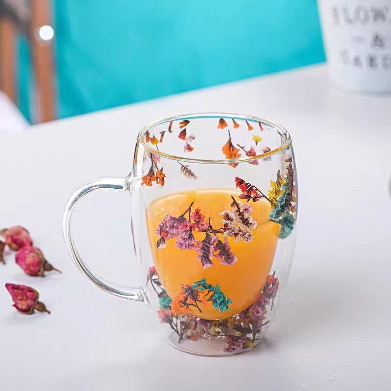 Wholesale dry flower double wall glass cup creative heat resistant glass coffee cup Eternal flower double decker Cup