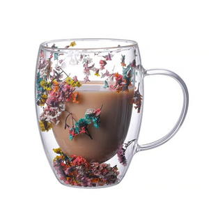 Wholesale dry flower double wall glass cup creative heat resistant glass coffee cup Eternal flower double decker Cup