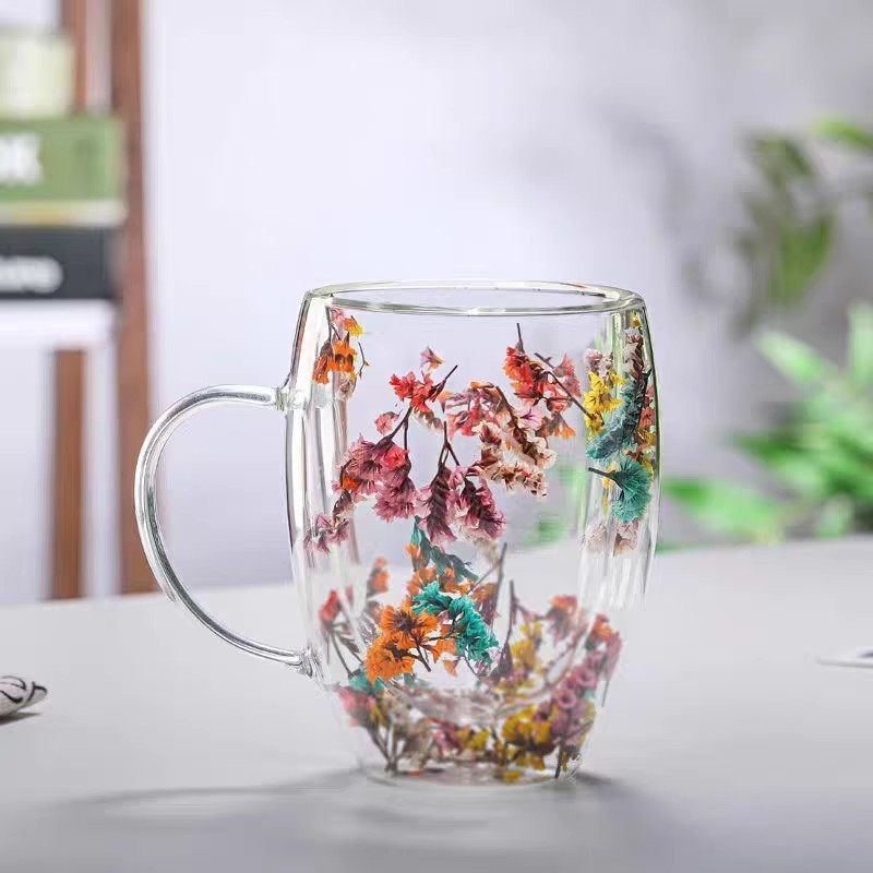 Wholesale dry flower double wall glass cup creative heat resistant glass coffee cup Eternal flower double decker Cup