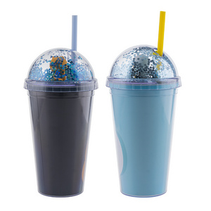 Korea Custom Plastic Bubble Tea Cups Insulated Double Wall Tumbler With Dome Lid