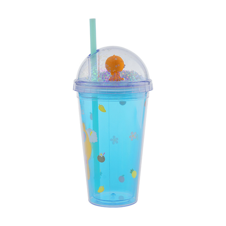 Korea Custom Plastic Bubble Tea Cups Insulated Double Wall Tumbler With Dome Lid