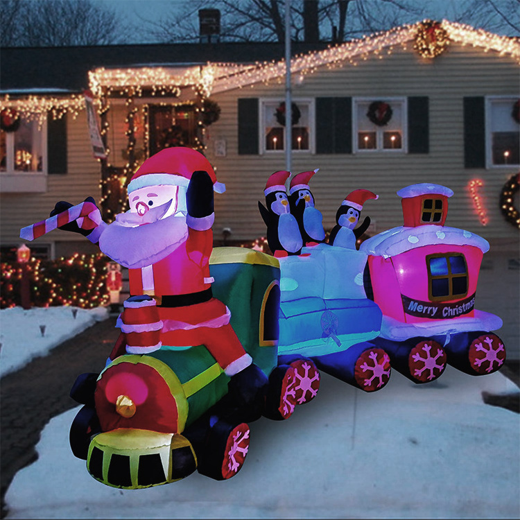 Hot Selling Christmas Outdoor Decoration Inflatable Santa With Three Penguins On train