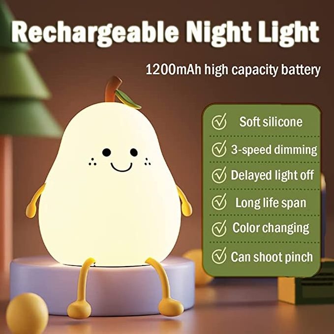 Cute Silicone Pear Light Rechargeable LED Mini Children Night Light Touch Control USB Bedroom Silicone Night Lights for Kids