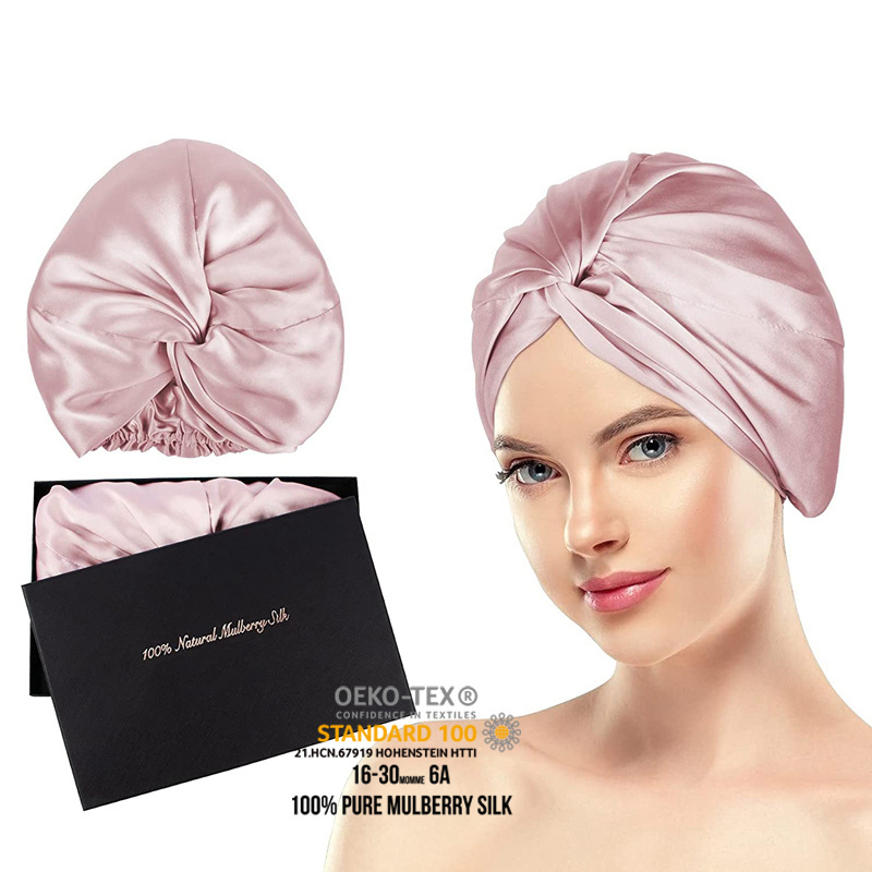 Wholesale16 19 22momme Luxury Hair Satin Turban Designer Silk Sleep Bonnets Tie Women Wraps Silk Bonnet with custom logo