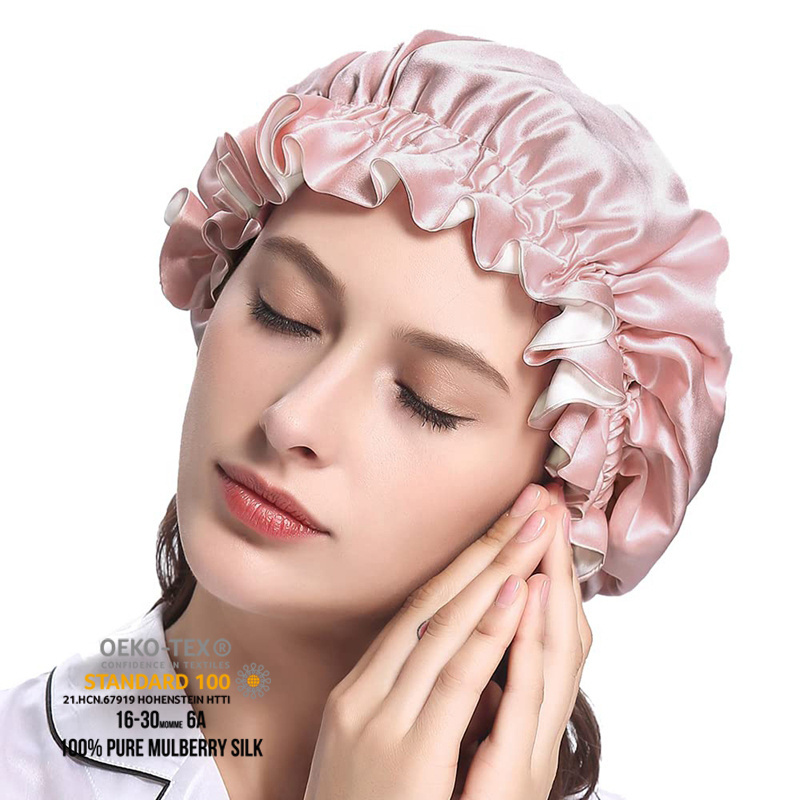 Wholesale16 19 22momme Luxury Hair Satin Turban Designer Silk Sleep Bonnets Tie Women Wraps Silk Bonnet with custom logo