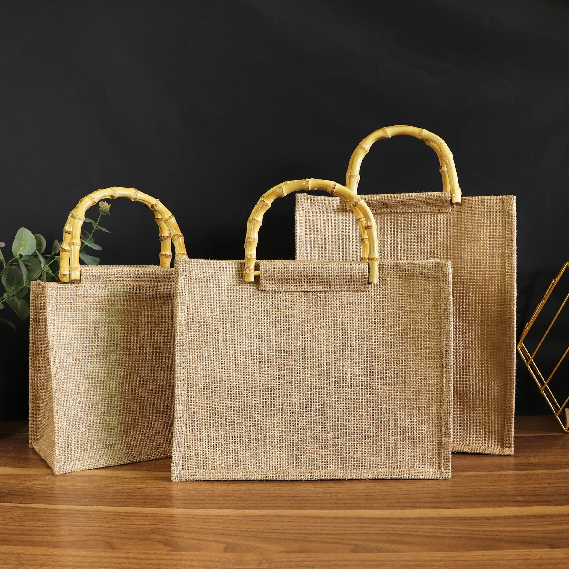 Custom Logo Printed Eco Reusable Hemp Shopping Tote Burlap Jute Bag With Bamboo Handle